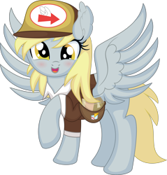 Size: 6555x6865 | Tagged: safe, artist:cyanlightning, imported from derpibooru, derpy hooves, pegasus, pony, .svg available, absurd resolution, blushing, cute, derpabetes, ear fluff, female, hat, looking at you, mail, mailmare, mare, open mouth, simple background, smiling, solo, spread wings, transparent background, vector, wings