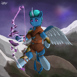 Size: 2000x2000 | Tagged: safe, artist:lightnys, imported from derpibooru, oc, oc only, alicorn, pony, alicorn oc, bow (weapon), frog (hoof), high res, horn, mountain, solo, underhoof, wings