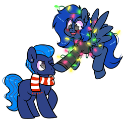 Size: 1931x1842 | Tagged: safe, artist:paperbagpony, imported from derpibooru, oc, oc:azure moonlight, oc:midnight blues, earth pony, pegasus, derpibooru community collaboration, 2022 community collab, boop, christmas, christmas lights, clothes, earth pony oc, holiday, pegasus oc, scarf, simple background, transparent background