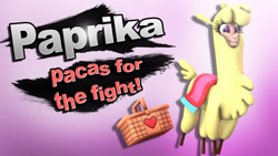 Size: 1280x720 | Tagged: safe, artist:pika-robo, imported from derpibooru, alpaca, them's fightin' herds, 3d, bad pun, basket, character reveal, cloven hooves, community related, female, paprika (tfh), picnic basket, pun, simple background, smiling, source filmmaker, splash art, super smash bros., violet background