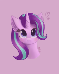 Size: 1194x1494 | Tagged: safe, artist:harmonical-flair, imported from derpibooru, starlight glimmer, pony, unicorn, bust, ear fluff, eye clipping through hair, female, heart, looking at you, mare, pink background, portrait, signature, simple background, smiling, smiling at you, solo