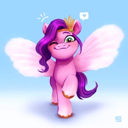 Size: 1280x1281 | Tagged: safe, artist:jellynut, imported from derpibooru, pipp petals, pegasus, pony, adorapipp, cute, female, g5, happy, headband, looking at you, mare, my little pony: a new generation, one eye closed, smiling, solo, spread wings, unshorn fetlocks, wings, wink, winking at you