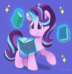 Size: 1300x1329 | Tagged: safe, artist:talimingi, imported from derpibooru, starlight glimmer, pony, unicorn, book, cute, female, glimmerbetes, glowing, glowing horn, horn, magic, magic aura, mare, raised hoof, solo, sparkles, telekinesis