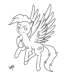 Size: 1671x1920 | Tagged: safe, artist:underwoodart, derpibooru exclusive, imported from derpibooru, oc, oc:shooting star, pegasus, cutie mark, digital art, flight of the valkyrie, flying, lineart, monochrome, shooting star, simple background, smug, solo, spread wings, tail, the tale of two sisters, white background, wings, wip