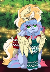 Size: 2481x3507 | Tagged: safe, artist:arctic-fox, imported from derpibooru, oc, oc only, oc:orange cream, pegasus, pony, christmas, christmas lights, christmas tree, high res, holiday, hug, tree, ugly sweater, winghug, wings