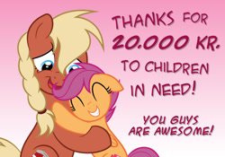 Size: 1275x895 | Tagged: safe, artist:askvalkyria, imported from derpibooru, scootaloo, oc, oc:valkyria, 2015, charity, danish bronies, description in comments, duo, hug