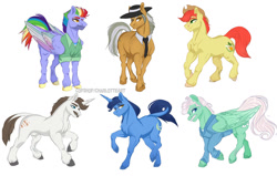 Size: 1280x815 | Tagged: safe, artist:copshop, imported from derpibooru, bow hothoof, bright mac, gentle breeze, hondo flanks, igneous rock pie, night light, earth pony, pegasus, pony, unicorn, clothes, nudity, sheath, simple background, white background