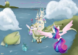 Size: 3508x2480 | Tagged: safe, artist:lunastudiolive, imported from derpibooru, princess flurry heart, oc, oc:crystalshine, alicorn, pony, city, duo, flying, high res, ocean, offspring, older, older flurry heart, parent:princess cadance, parent:shining armor, parents:shiningcadance