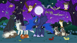 Size: 5360x3008 | Tagged: safe, artist:andoanimalia, imported from derpibooru, princess luna, ray, smoky, smoky jr., softpad, bat, big cat, bird, firefly (insect), flying squirrel, fruit bat, gecko, hedgehog, insect, jaguar (animal), leopard gecko, owl, pony, porcupine, raccoon, scorpion, spider, squirrel, star spider, vampire fruit bat, wolf, absurd resolution, cricket (insect), female, mare, moon, night