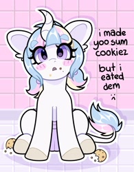 Size: 2991x3841 | Tagged: safe, artist:duckie, imported from derpibooru, oc, oc only, classical unicorn, pony, unicorn, blushing, cloven hooves, cookie, crumbs, diaper, eyebrows, eyebrows visible through hair, foal, food, high res, leonine tail, looking at you, solo, tiled background, tiled floor, unshorn fetlocks