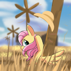 Size: 1080x1080 | Tagged: safe, artist:杏银花开, imported from derpibooru, fluttershy, pegasus, pony, female, hat, looking back, mare, pink mane, solo, wings