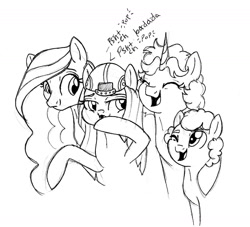 Size: 1422x1294 | Tagged: safe, artist:ask-y, imported from derpibooru, oc, oc only, earth pony, pony, unicorn, backwards ballcap, baseball cap, bust, cap, earth pony oc, eyelashes, hat, horn, laughing, lineart, one eye closed, smiling, traditional art, unicorn oc, wink