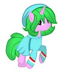 Size: 2140x2549 | Tagged: safe, artist:be_yourself, artist:rainyponyindo, imported from derpibooru, oc, oc only, oc:rainy rainbow, pony, unicorn, derpibooru community collaboration, 2022 community collab, clothes, female, full body, green mane, green tail, grin, hat, high res, hoodie, horn, ibispaint x, indonesia, indonesian, looking back, mare, purple eyes, raised hoof, show accurate, simple background, skirt, smiling, solo, tail, transparent background, unicorn oc
