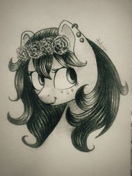 Size: 480x640 | Tagged: safe, artist:avonir, imported from derpibooru, oc, oc only, earth pony, pony, ear piercing, earring, earth pony oc, female, floral head wreath, flower, freckles, jewelry, mare, piercing, signature, smiling, solo, traditional art