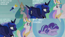 Size: 1280x720 | Tagged: safe, edit, edited screencap, editor:quoterific, imported from derpibooru, screencap, daybreaker, nightmare moon, princess celestia, princess luna, starlight glimmer, alicorn, pony, unicorn, a royal problem, season 7, crown, crying, eyes closed, female, flying, jewelry, mare, open mouth, regalia, royal sisters, siblings, sisters, spread wings, wings