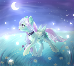 Size: 2579x2288 | Tagged: safe, artist:avonir, imported from derpibooru, oc, oc only, pegasus, pony, choker, commission, crescent moon, female, high res, mare, moon, night, outdoors, pegasus oc, smiling, solo, stars, transparent moon, ych result