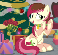 Size: 1008x949 | Tagged: safe, artist:anonymous, imported from derpibooru, roseluck, earth pony, human, pony, blushing, chair, christmas, christmas tree, collar, eye color change, flower, holiday, human to pony, present, rose, show accurate, solo, transformation, tree