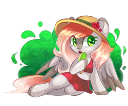 Size: 1091x907 | Tagged: safe, artist:avonir, imported from derpibooru, oc, oc only, pegasus, semi-anthro, clothes, colored wings, commission, eyelashes, female, food, hat, mare, pegasus oc, popsicle, signature, simple background, skirt, smiling, solo, sun hat, transparent background, two toned wings, wings, ych result