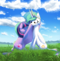 Size: 2173x2231 | Tagged: safe, artist:suhar, imported from derpibooru, princess celestia, twilight sparkle, alicorn, pony, unicorn, ^^, boop, butt, cloud, crown, cute, cutelestia, duo, duo female, eyes closed, featured image, female, field, folded wings, frown, grass, high res, horn, jewelry, mare, meadow, misleading thumbnail, missing accessory, momlestia, multicolored mane, outdoors, plot, regalia, sitting, sky, smiling, surprised, tail, twiabetes, unicorn twilight, wide eyes, wings