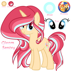 Size: 1280x1280 | Tagged: safe, artist:harmonyvitalityyt, imported from derpibooru, flash sentry, sunset shimmer, oc, oc:gleam sentry, pony, unicorn, blue eyes, female, flashimmer, full body, horn, male, multicolored mane, multicolored tail, offspring, parent:flash sentry, parent:sunset shimmer, parents:flashimmer, reference sheet, shipping, show accurate, simple background, smiling, solo, standing, straight, tail, transparent background, unicorn oc