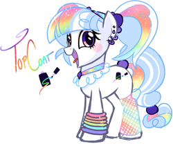 Size: 1067x968 | Tagged: safe, artist:khimi-chan, imported from derpibooru, oc, oc only, earth pony, pony, blush sticker, blushing, ear piercing, earring, earth pony oc, eyelashes, female, fishnets, jewelry, mare, multicolored hair, open mouth, piercing, rainbow hair, simple background, smiling, white background