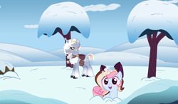 Size: 2432x1424 | Tagged: safe, artist:khimi-chan, imported from derpibooru, oc, oc only, oc:neigh-apolitan, pony, duo, eyelashes, female, male, mare, smiling, snow, stallion