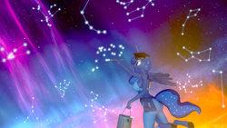 Size: 3840x2160 | Tagged: safe, artist:silkworm205, derpibooru exclusive, imported from derpibooru, princess luna, alicorn, anthro, plantigrade anthro, 3d, beret, bra, clothes, constellation, galaxy, hat, high res, luna day, paint, paint can, paintbrush, painting, pants, partial nudity, revamped anthros, solo, space, stars, topless, underwear