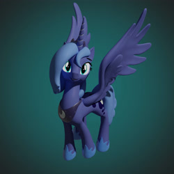 Size: 4000x4000 | Tagged: safe, artist:wissle, imported from derpibooru, princess luna, alicorn, pony, 3d, absurd resolution, blender, female, grin, happy, looking at you, luna day, mare, s1 luna, simple background, smiling, smiling at you, solo, spread wings, wings