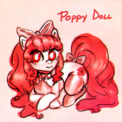 Size: 500x500 | Tagged: safe, artist:bunchi, imported from derpibooru, oc, oc:poppy doll, earth pony, pony, big eyes, bow, bowtie, clothes, cute, female, latex, latex socks, long hair, long mane, looking at you, red eyes, red hair, shiny, socks, solo, stockings, thigh highs