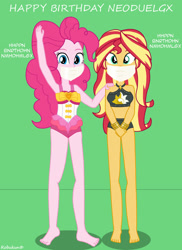 Size: 1920x2641 | Tagged: safe, artist:robukun, imported from derpibooru, pinkie pie, sunset shimmer, equestria girls, beach shorts swimsuit, clothes, duo, duo female, female, gag, mask, microfoam tape, muffled words, one-piece swimsuit, pinkie pie swimsuit, sunset shimmer's beach shorts swimsuit, swimsuit, tape, tape gag