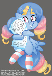 Size: 800x1162 | Tagged: safe, artist:marybellamy, imported from derpibooru, oc, oc only, oc:paper hearts, alicorn, pony, alicorn oc, blushing, clothes, colored, cuddling, deviantart watermark, happy, horn, hug, obtrusive watermark, pillow, smiling, socks, solo, spread wings, striped socks, watermark, wings, zorilita