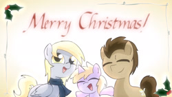 Size: 1920x1080 | Tagged: safe, artist:alfa995, imported from derpibooru, derpy hooves, dinky hooves, doctor whooves, time turner, earth pony, pegasus, pony, unicorn, 2012, christmas, christmas card, clothes, cute, eyes closed, family, female, filly, holiday, holly, male, mare, merry christmas, open mouth, scarf, shipping, stallion, trio