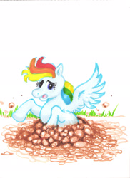 Size: 1700x2338 | Tagged: safe, artist:dalek-hal, imported from derpibooru, rainbow dash, pegasus, pony, female, grass, hole, mud, peril, quicksand, sinking, solo, stuck