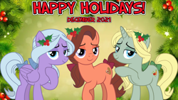 Size: 2064x1163 | Tagged: safe, artist:not-yet-a-brony, artist:sonofaskywalker, imported from derpibooru, dear darling, fond feather, swoon song, earth pony, pegasus, unicorn, 2021, bimbettes, christmas, christmas eve, female, flower, flower in hair, happy holidays, hearth's warming, hearth's warming eve, holiday, holly, lidded eyes, lyrics in the description, mare, mister sandman, new year, new years eve, singing, song reference, trio, youtube link in the description