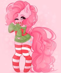 Size: 667x800 | Tagged: safe, artist:valeria_fills, imported from derpibooru, pinkie pie, earth pony, semi-anthro, adorasexy, candy, candy cane, christmas sweater, clothes, cute, diapinkes, ear fluff, female, food, hoof hold, licking, mare, one eye closed, sexy, socks, solo, stockings, striped socks, sweater, thigh highs, tongue out, wink