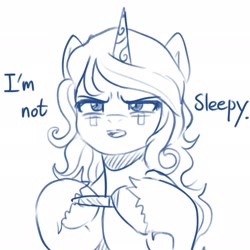 Size: 2048x2048 | Tagged: safe, artist:maren, imported from derpibooru, izzy moonbow, pony, unicorn, blatant lies, doodle, female, g5, high res, mare, my little pony: a new generation, open mouth, sleepy, solo, tape, tired