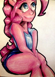 Size: 1939x2694 | Tagged: safe, artist:nolyanimeid, imported from derpibooru, pinkie pie, anthro, earth pony, clothes, human facial structure, shorts, smiling, solo, traditional art