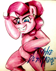 Size: 2185x2745 | Tagged: safe, artist:nolyanimeid, imported from derpibooru, pinkie pie, earth pony, pony, arm hooves, bipedal, female, grin, high res, mare, smiling, solo, traditional art