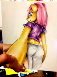 Size: 2121x2828 | Tagged: safe, artist:nolyanimeid, imported from derpibooru, fluttershy, anthro, human, ass, butt, female, hand, high res, irl, irl human, looking at you, looking back, looking back at you, photo, solo, traditional art, wingless, wingless anthro