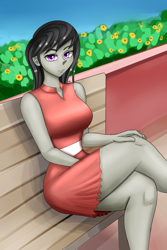 Size: 1400x2100 | Tagged: safe, artist:zachc, imported from derpibooru, octavia melody, equestria girls, bench, breasts, busty octavia melody, clothes, dress, female, looking at you, sitting, solo