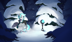 Size: 2900x1700 | Tagged: safe, artist:joan-grace, imported from derpibooru, oc, oc only, pegasus, pony, forest, snow, snowfall, solo, tree