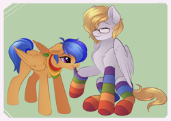 Size: 4154x2936 | Tagged: safe, artist:vetta, imported from derpibooru, oc, oc only, oc:eclair winglain, oc:ludwig von leeb, pegasus, pony, blonde hair, clothes, cute, dressing, kerchief, rainbow socks, socks, stockings, striped socks, thigh highs