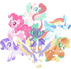 Size: 1280x1232 | Tagged: safe, artist:lilywolfpie, imported from derpibooru, applejack, fluttershy, pinkie pie, rainbow dash, rarity, spike, twilight sparkle, alicorn, pony, alternate design, colored wings, mane seven, mane six, multicolored wings, simple background, transparent background, twilight sparkle (alicorn), wings