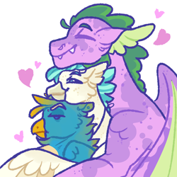 Size: 3000x3000 | Tagged: safe, artist:cactiflowers, imported from derpibooru, gallus, spike, terramar, classical hippogriff, dragon, griffon, hippogriff, gallmar, gallspike, gallterraspike, gay, heart, high res, male, polyamory, shipping, simple background, size difference, terraspike, white background, winged spike, wings