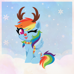 Size: 3523x3571 | Tagged: safe, artist:confetticakez, imported from derpibooru, rainbow dash, pegasus, pony, animal costume, antlers, backwards cutie mark, bell, bell collar, christmas, collar, colored pupils, costume, cute, dashabetes, harness, heart eyes, high res, holiday, jingle bells, looking at you, one eye closed, open mouth, open smile, reindeer antlers, reindeer costume, reindeer dash, sitting, sleigh bells, smiling, snow, snowfall, snowflake, solo, tack, wingding eyes, wink, winking at you, winter