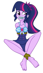 Size: 1219x2060 | Tagged: safe, artist:splendidbondage, imported from derpibooru, sci-twi, twilight sparkle, equestria girls, ankle tied, arm behind back, barefoot, bondage, bound and gagged, clothes, feet, female, gag, one-piece swimsuit, rope, rope bondage, sci-twi swimsuit, simple background, solo, swimsuit, tape, tape gag, transparent background