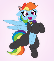 Size: 2724x3074 | Tagged: safe, artist:pabbley, color edit, edit, imported from derpibooru, rainbow dash, pegasus, pony, adorasexy, animal costume, bell, bell collar, belly button, cat bell, cat costume, cat ears, clothes, collar, colored, costume, cute, cute little fangs, dashabetes, fangs, female, high res, mare, open mouth, open smile, rainbow cat, sexy, simple background, smiling, solo, stupid sexy rainbow dash