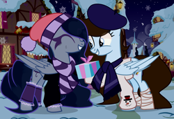 Size: 2908x2000 | Tagged: safe, alternate version, artist:ashakalovsky, artist:idkhesoff, imported from derpibooru, oc, oc only, oc:krissy, oc:trix, pegasus, pony, bandage, base used, beret, christmas, clothes, duo, eyes closed, female, grin, hair over one eye, hat, high res, holiday, house, mare, night, present, raised hoof, santa hat, scarf, smiling, snow, snowman, socks, sweater