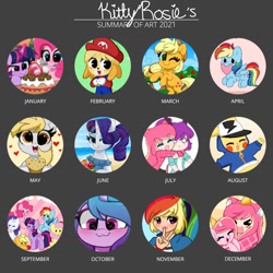 Size: 1080x1080 | Tagged: safe, artist:kittyrosie, imported from derpibooru, applejack, derpy hooves, fluttershy, izzy moonbow, pinkie pie, rainbow dash, rarity, twilight sparkle, oc, oc:rosa flame, alicorn, dog, earth pony, human, pegasus, pikachu, pony, unicorn, :3, >.<, abstract background, animal crossing, apple, apple tree, backwards cutie mark, beach, blushing, cake, cap, chibi, clothes, cloud, confetti, cookie, cookie jar, cosplay, costume, cute, daaaaaaaaaaaw, dashabetes, derpabetes, diapinkes, digital art, duo, eyes closed, female, floating heart, flying, food, frown, g5, gray background, hair over one eye, happy birthday, hat, heart, heart shaped, horn, isabelle, izzybetes, jackabetes, jacket, kittyrosie is trying to murder us, looking at you, magic, mane six, mare, mario, mario's hat, mouth hold, muffin, multicolored hair, multicolored tail, ocbetes, one eye closed, open mouth, open smile, owo, party hat, piña colada (drink), plate, pokémon, raised hoof, raribetes, rearing, redraw, sand, self paradox, self ponidox, shyabetes, simple background, smiling, solo, sticker, sugarcube corner, summary, sunglasses, super mario bros., swimsuit, tail, text, tree, twiabetes, twilight sparkle (alicorn), unicorn oc, uwu, wall of tags, water, weapons-grade cute, wings, wink, xd, xoxo