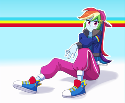 Size: 1090x900 | Tagged: safe, artist:riouku, imported from derpibooru, rainbow dash, dance magic, eqg summertime shorts, equestria girls, get the show on the road, spoiler:eqg specials, ass, backwards ballcap, baseball cap, butt, cap, clothes, commission, female, hat, pants, rapper dash, shoes, solo, speedpaint available